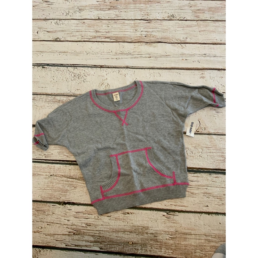 Old Navy Girls XS 5 Gray Short Sleeve Knit Sweater Pink Contrast Stitch Pocket